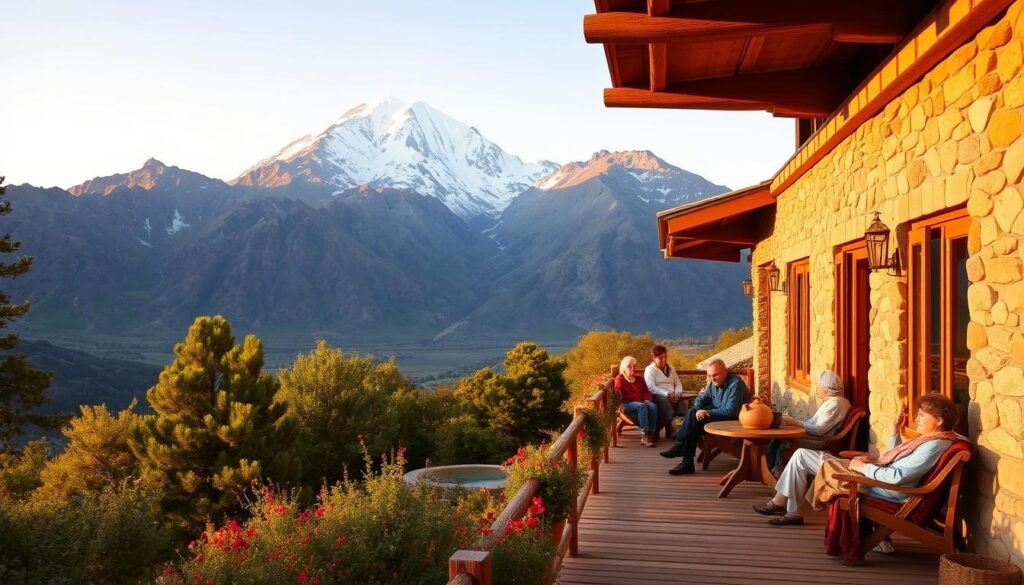 Hikers gather at a hotel in Imlil,enjoying a moment of preparation and anticipation before their trek to the summit of Mount Toubkal.
